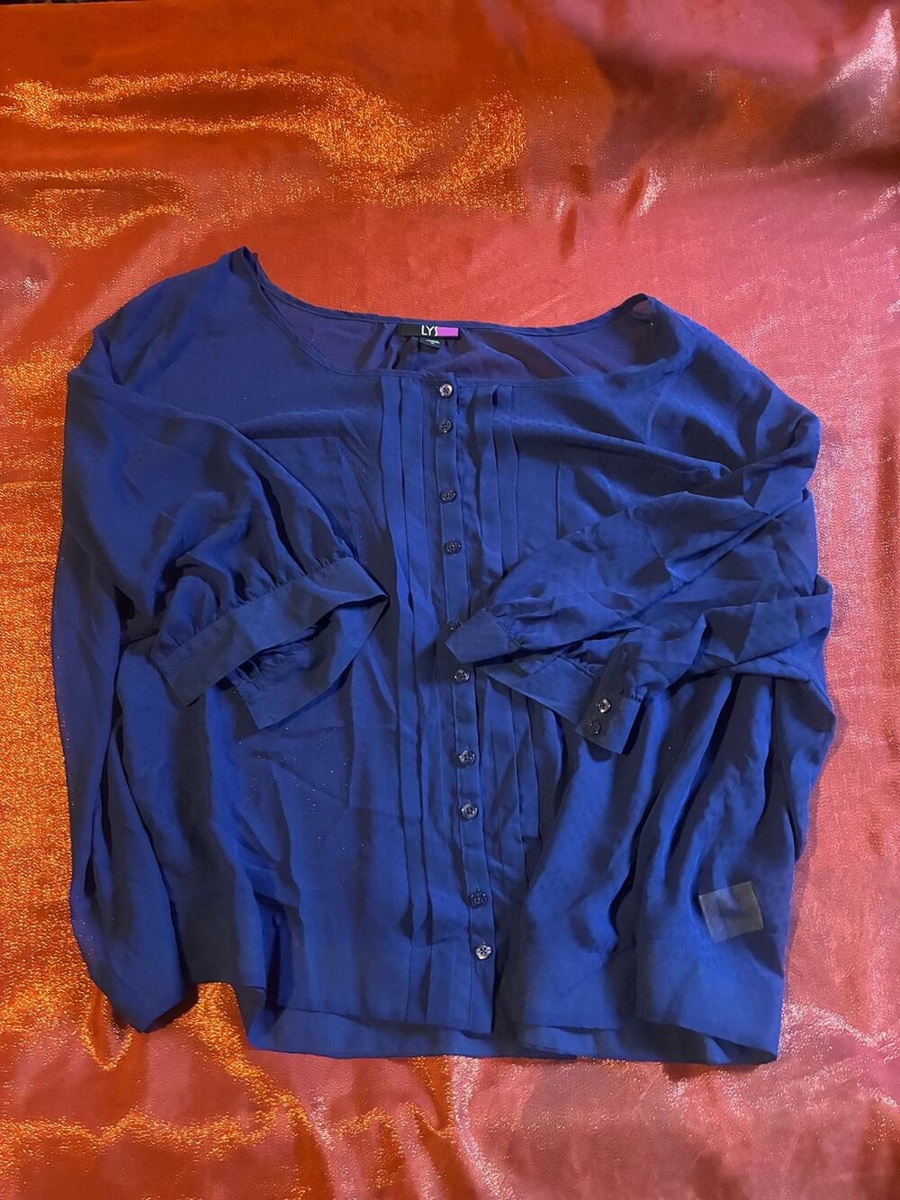 LYS Blouse Womens 1X Royal Blue Pleated Button Front Long Sleeve Chiffon